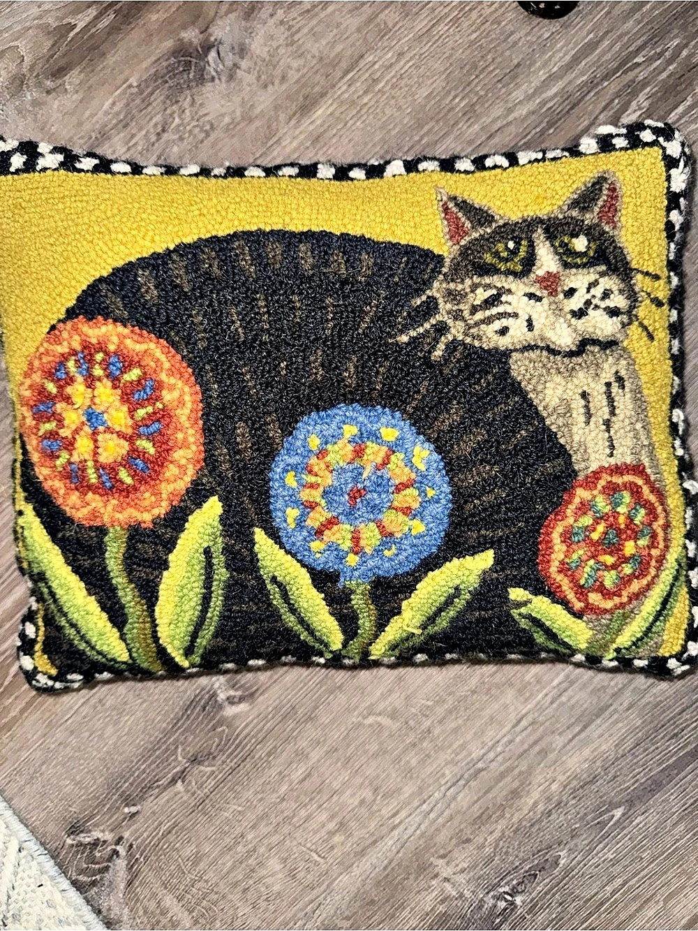 My Three Cats & Co. Wool Penny Flower Cat Hooked Accent Pillow